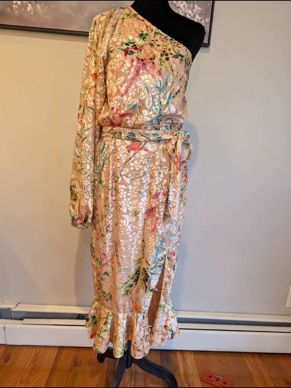 NWT Hemant & Nandita Veena Dress Peach Multi Velvet Burnout Midi Small